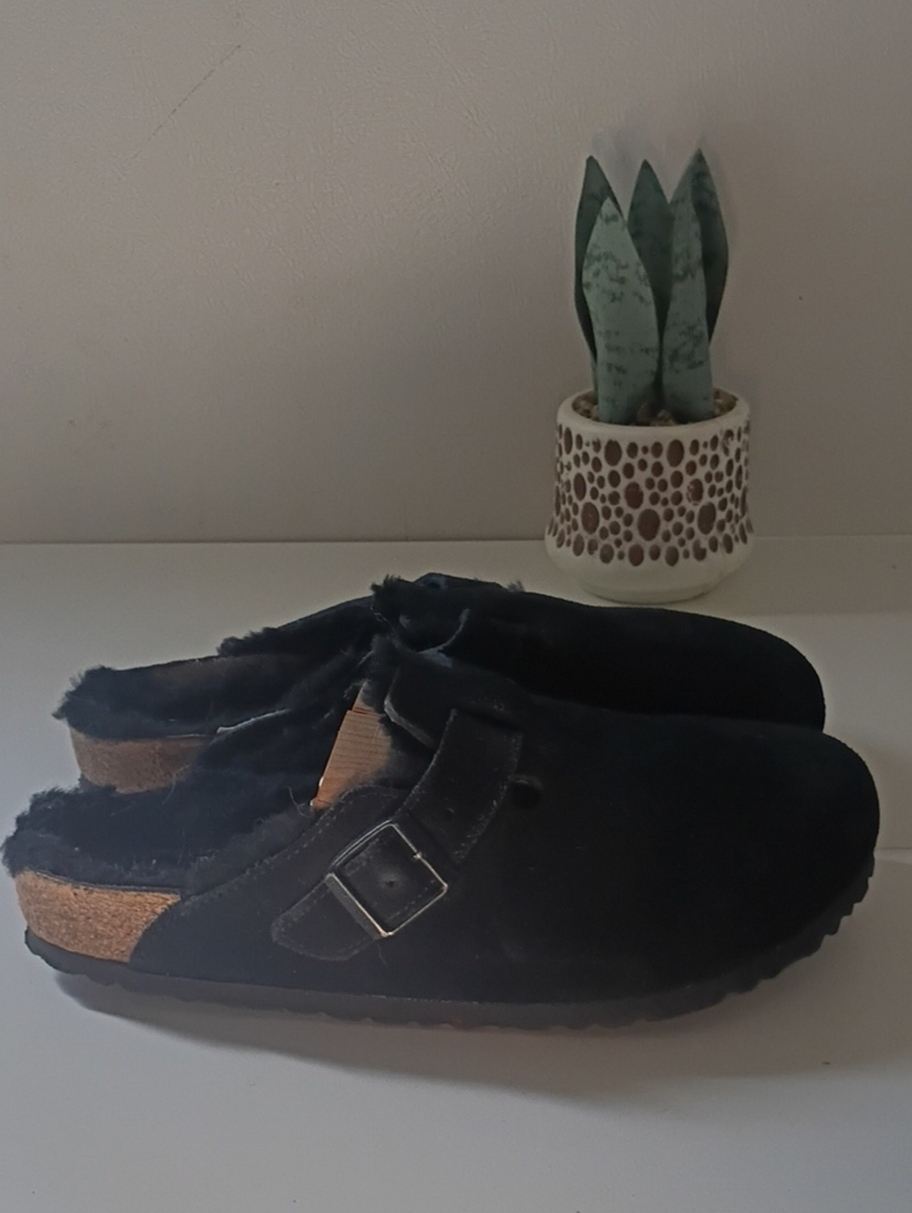 Birkenstock Boston Shearling Clogs Black Suede Leather Size 39 (US Women's 8)